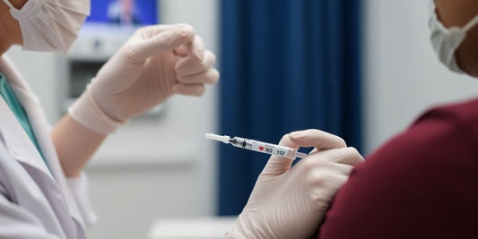 Healthcare professional preparing a B12 injection in clinic.