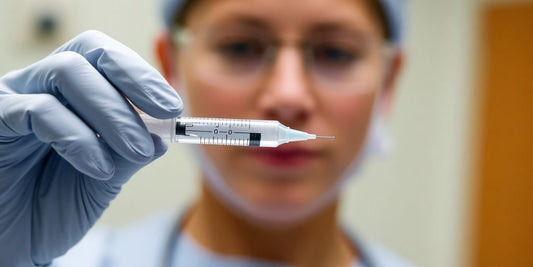 A healthcare worker prepares a syringe for Toradol injection.
