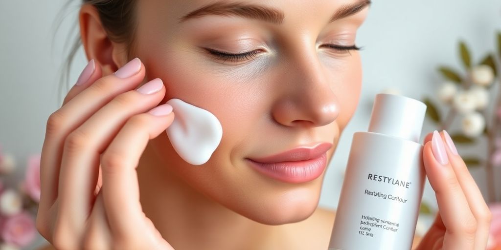 Woman applying moisturizer post Restylane Contour treatment.