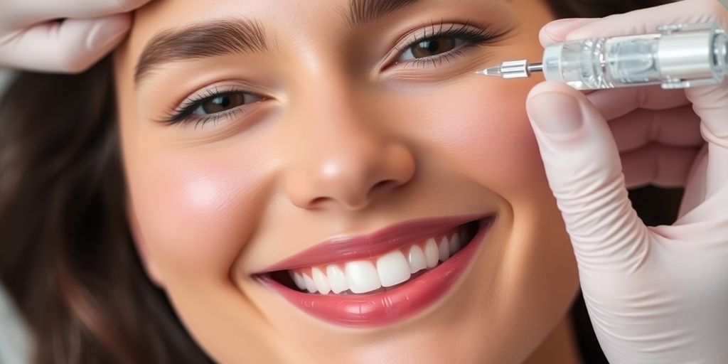 Patient receiving Restylane Eyelight treatment with a smiling face.