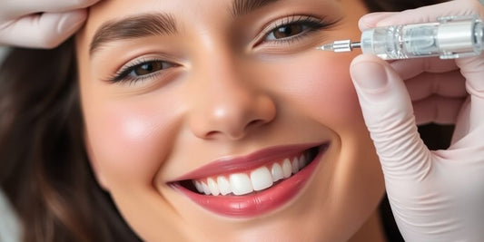 Patient receiving Restylane Eyelight treatment with a smiling face.